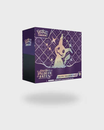 Pokémon TCG Scarlet & Violet—Paldean Fates Elite Trainer Box en inglés con nueve sobres y promoción de Shiny Mimikyu